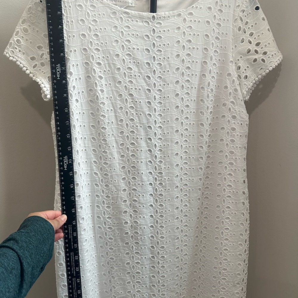 London Times 100% Cotton White Eyelet Short Sleeve Shift Mini Dress - Picture 6 of 12